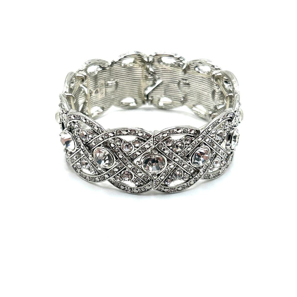 Vintage ROMAN Clear Crystal Braided Stretch‎ Bangle Bracelet Signed RMN